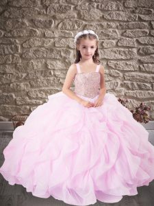 Floor Length Lilac Kids Pageant Dress Organza Sleeveless Beading and Ruffles