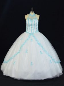 Traditional Blue And White Sleeveless Appliques Floor Length Sweet 16 Dresses