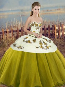 Charming Olive Green Ball Gowns Tulle Sweetheart Sleeveless Embroidery and Bowknot Floor Length Lace Up Quince Ball Gown