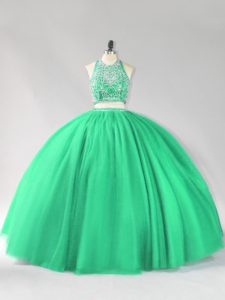 Turquoise Two Pieces Halter Top Sleeveless Tulle Floor Length Backless Beading Quinceanera Gown