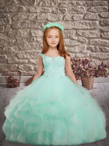 Low Price Straps Sleeveless Pageant Dress Womens Brush Train Beading and Appliques and Ruffles Apple Green Tulle