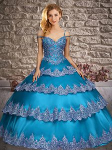 Spectacular Satin Sleeveless Floor Length 15 Quinceanera Dress and Appliques and Ruffled Layers