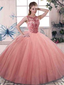 Watermelon Red Lace Up Scoop Beading 15 Quinceanera Dress Tulle Sleeveless
