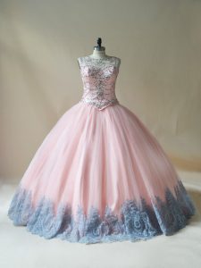 Hot Selling Ball Gowns Sweet 16 Quinceanera Dress Pink Scoop Tulle Sleeveless Floor Length Lace Up