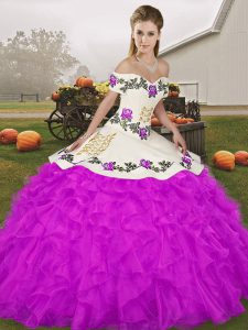 Organza Off The Shoulder Sleeveless Lace Up Embroidery and Ruffles Quinceanera Gown in Purple
