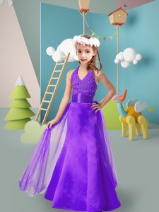 Best Halter Top Sleeveless Zipper Little Girls Pageant Dress Purple Tulle