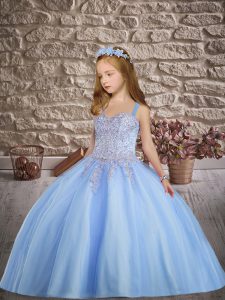 Blue Sleeveless Beading and Appliques Floor Length Little Girls Pageant Gowns