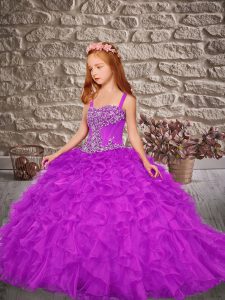 Purple Straps Lace Up Beading and Ruffles Little Girls Pageant Gowns Sweep Train Sleeveless
