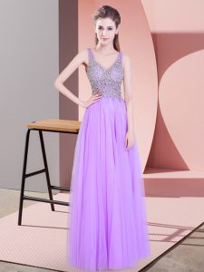 Lavender Empire V-neck Sleeveless Tulle Floor Length Zipper Beading Dress for Prom