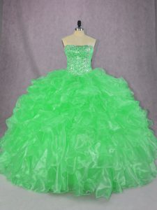 Adorable Beading and Ruffles Sweet 16 Dresses Green Lace Up Sleeveless Floor Length
