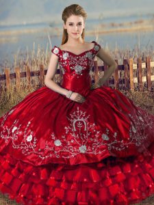 Beauteous Red Sleeveless Floor Length Embroidery and Ruffled Layers Lace Up Quinceanera Gowns