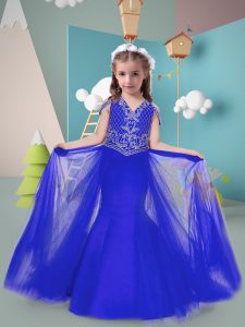 Royal Blue Sleeveless Sweep Train Beading Kids Formal Wear