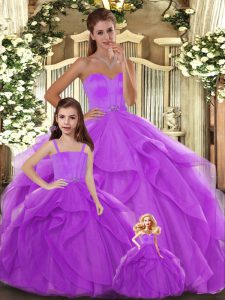 Tulle Sweetheart Sleeveless Lace Up Beading and Ruffles Quinceanera Dresses in Lilac