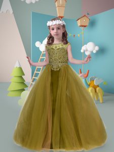 Olive Green Little Girls Pageant Dress Wholesale Tulle Sweep Train Sleeveless Beading