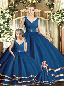 Beading and Ruffled Layers Quinceanera Dresses Navy Blue Backless Sleeveless Floor Length