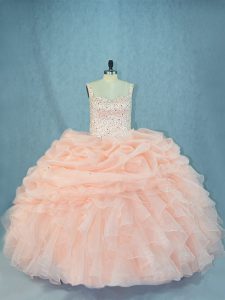 Graceful Peach Ball Gowns Straps Sleeveless Organza Lace Up Beading 15th Birthday Dress