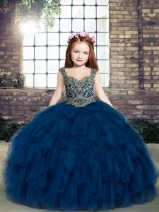 Charming Floor Length Navy Blue Little Girls Pageant Gowns Sleeveless Beading and Ruffles