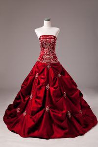 Wine Red Sleeveless Taffeta Brush Train Lace Up Ball Gown Prom Dress for Sweet 16 and Quinceanera