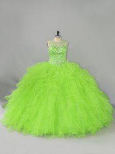 Scoop Sleeveless Tulle Quince Ball Gowns Beading and Ruffles Lace Up