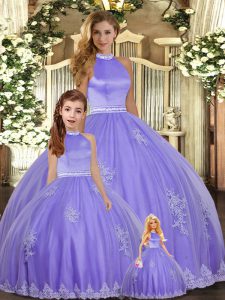 Flirting Lavender Ball Gowns Tulle Halter Top Sleeveless Beading and Appliques Floor Length Backless Quinceanera Gown
