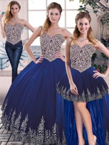Wonderful Royal Blue Sleeveless Floor Length Embroidery Lace Up Quinceanera Gown