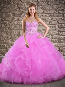 Unique Tulle Sleeveless Quinceanera Gowns Brush Train and Beading and Ruffles