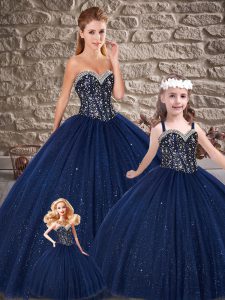 Sophisticated Brush Train Ball Gowns 15 Quinceanera Dress Navy Blue Sweetheart Tulle Sleeveless Lace Up