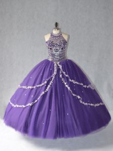 Deluxe Purple Tulle Lace Up Halter Top Sleeveless Floor Length Quince Ball Gowns Beading