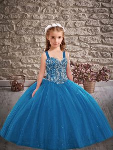 Dramatic Blue Little Girl Pageant Dress Wedding Party with Beading Straps Sleeveless Lace Up