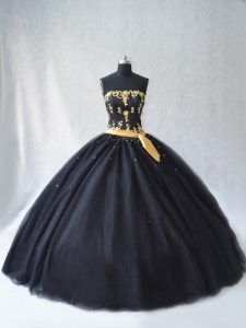 High Class Sleeveless Tulle Floor Length Lace Up Quinceanera Gown in Black with Appliques