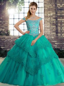 Turquoise Sleeveless Brush Train Beading and Lace Quinceanera Gown