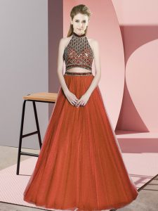 Modest Rust Red Two Pieces Halter Top Sleeveless Tulle Floor Length Lace Up Beading Dress for Prom