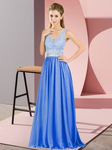 Sexy Blue Sleeveless Beading and Lace Floor Length Evening Dress