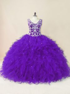 Fashionable V-neck Sleeveless Ball Gown Prom Dress Floor Length Beading and Ruffles Purple Tulle