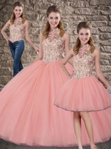 Captivating Halter Top Sleeveless Tulle 15 Quinceanera Dress Embroidery Brush Train Lace Up