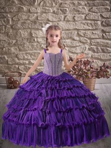 Lovely Sleeveless Lace Up Floor Length Beading and Ruffled Layers Little Girls Pageant Dress