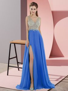 Blue Prom Dresses V-neck Sleeveless Sweep Train Zipper