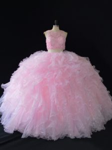 Free and Easy Baby Pink Sleeveless Organza Zipper Ball Gown Prom Dress for Sweet 16 and Quinceanera