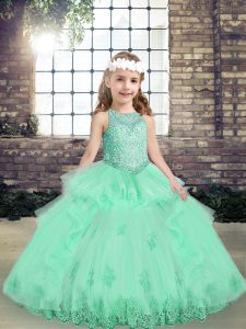 Lace and Appliques Pageant Dress Apple Green Lace Up Sleeveless Floor Length
