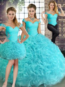 Glittering Beading Vestidos de Quinceanera Aqua Blue Lace Up Sleeveless Floor Length