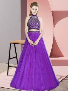 Floor Length A-line Sleeveless Eggplant Purple Prom Dress Backless