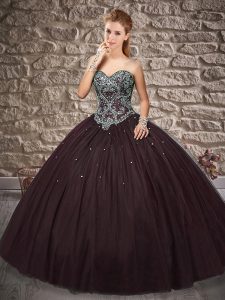 Brown Lace Up Quinceanera Dress Beading Sleeveless Brush Train