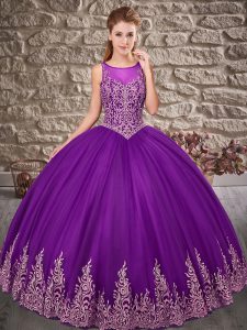 Deluxe Floor Length Lace Up 15th Birthday Dress Purple for Military Ball and Sweet 16 and Quinceanera with Embroidery
