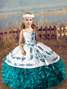 Graceful Floor Length Teal Little Girl Pageant Dress Straps Sleeveless Lace Up