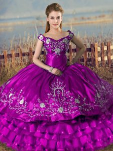Custom Designed Purple Off The Shoulder Lace Up Embroidery and Ruffled Layers Quince Ball Gowns Sleeveless