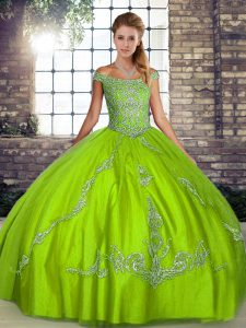 Sleeveless Tulle Floor Length Lace Up Quinceanera Gowns in Green with Beading and Embroidery