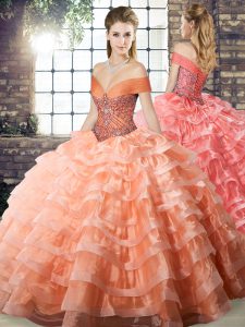 Pretty Peach Ball Gowns Beading and Ruffled Layers Sweet 16 Quinceanera Dress Lace Up Organza Sleeveless