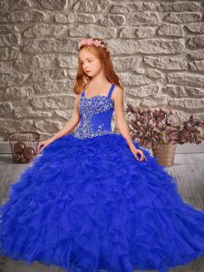 Organza Straps Sleeveless Sweep Train Lace Up Beading and Ruffles Kids Formal Wear in Royal Blue