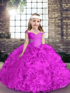 Fuchsia Ball Gowns Fabric With Rolling Flowers Straps Sleeveless Beading Floor Length Lace Up Kids Pageant Dress