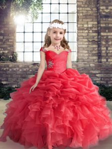 Red Ball Gowns Beading Kids Pageant Dress Lace Up Organza Sleeveless Floor Length